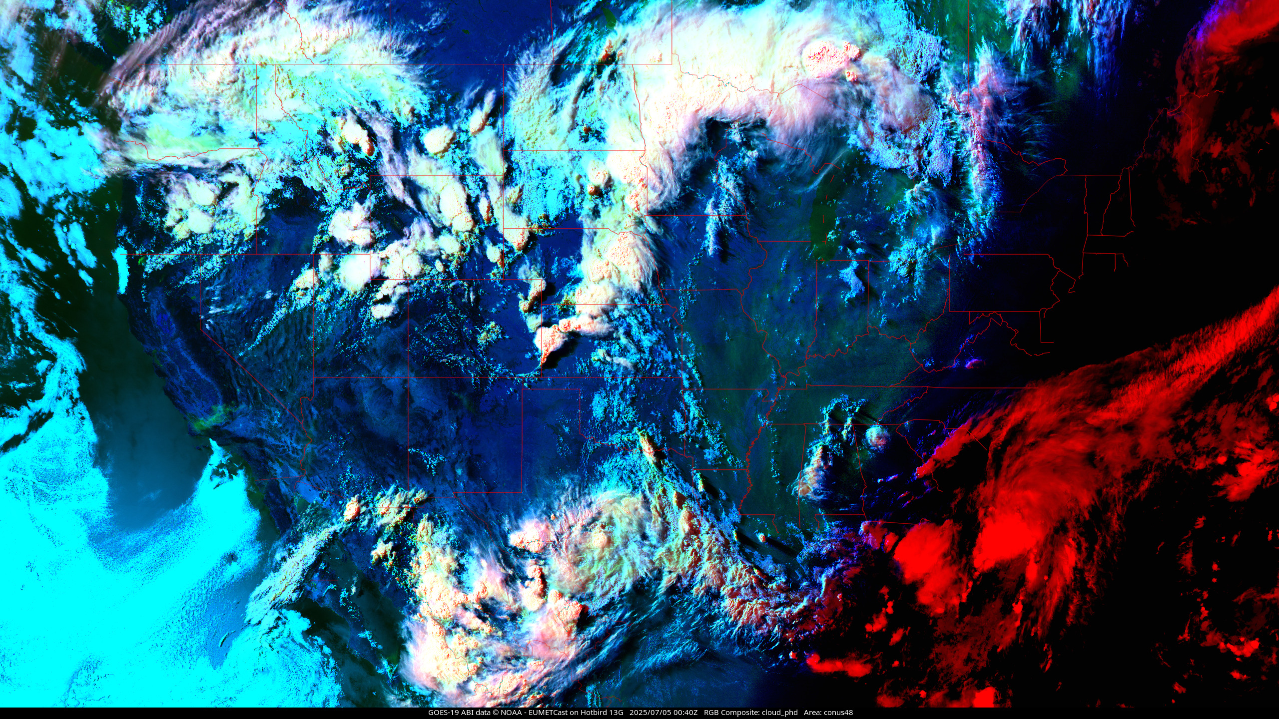 GOES-19 cloud phase distinction composite, Continental 48 USA view
