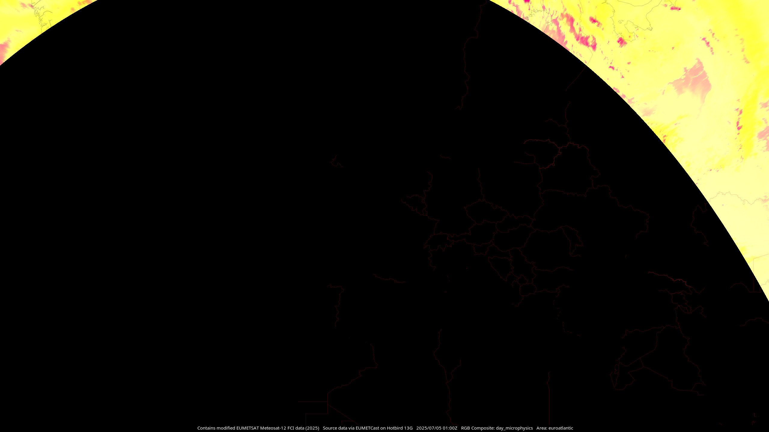 MTG-I1 Day Microphysics composite, showing the North Atlantic Ocean and Europe