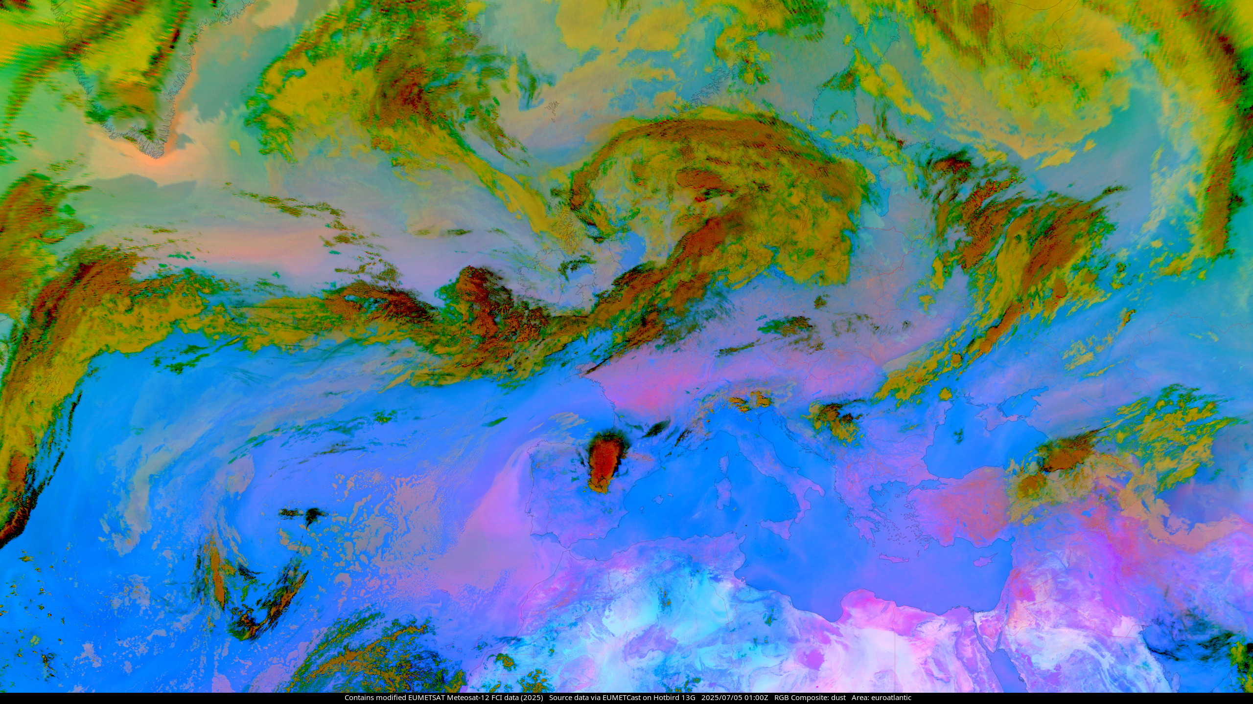 MTG-I1 Dust RGB composite, showing the North Atlantic Ocean and Europe