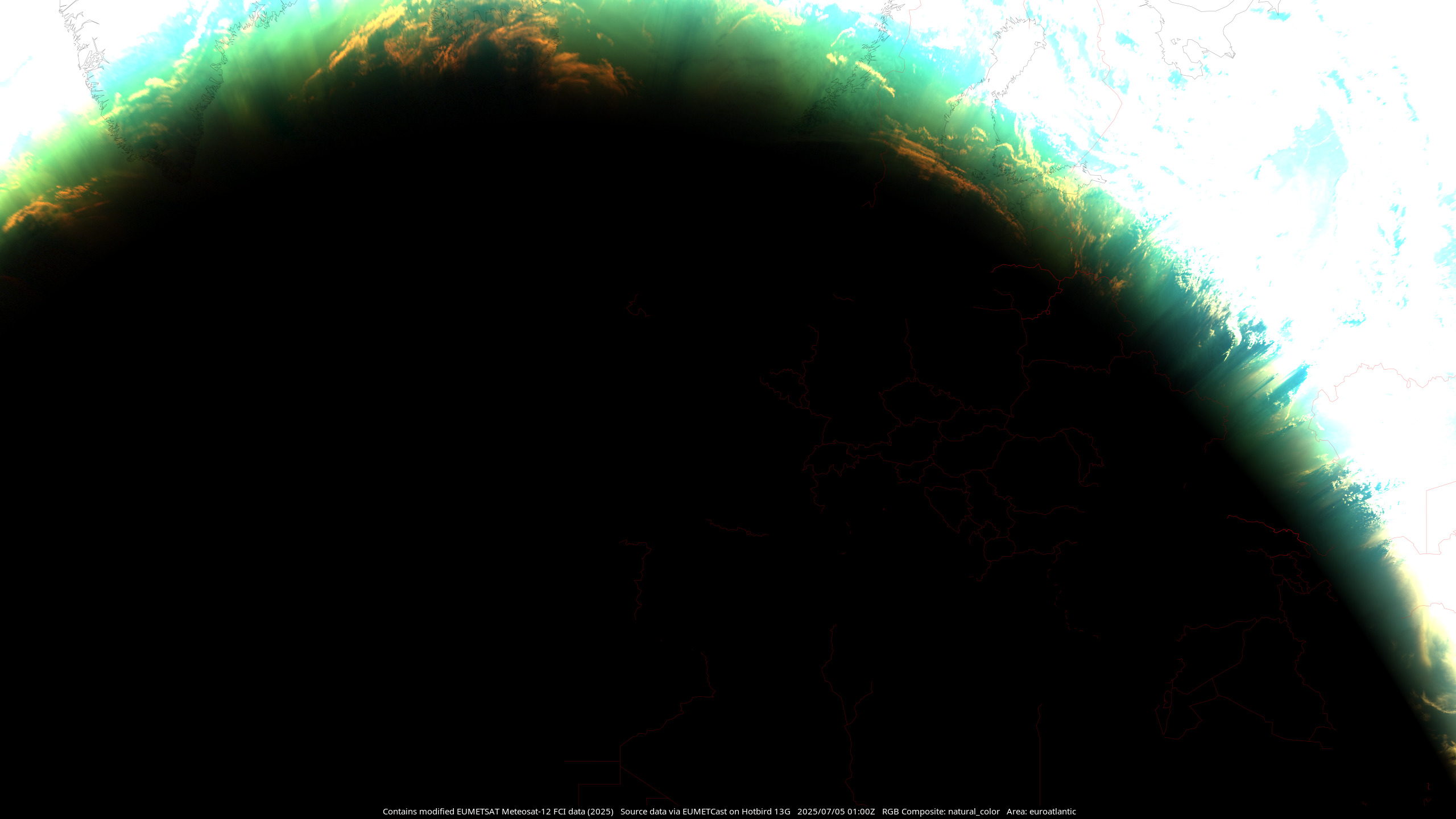 MTG-I1 natural colour composite with night IR showing the North Atlantic Ocean and European continent