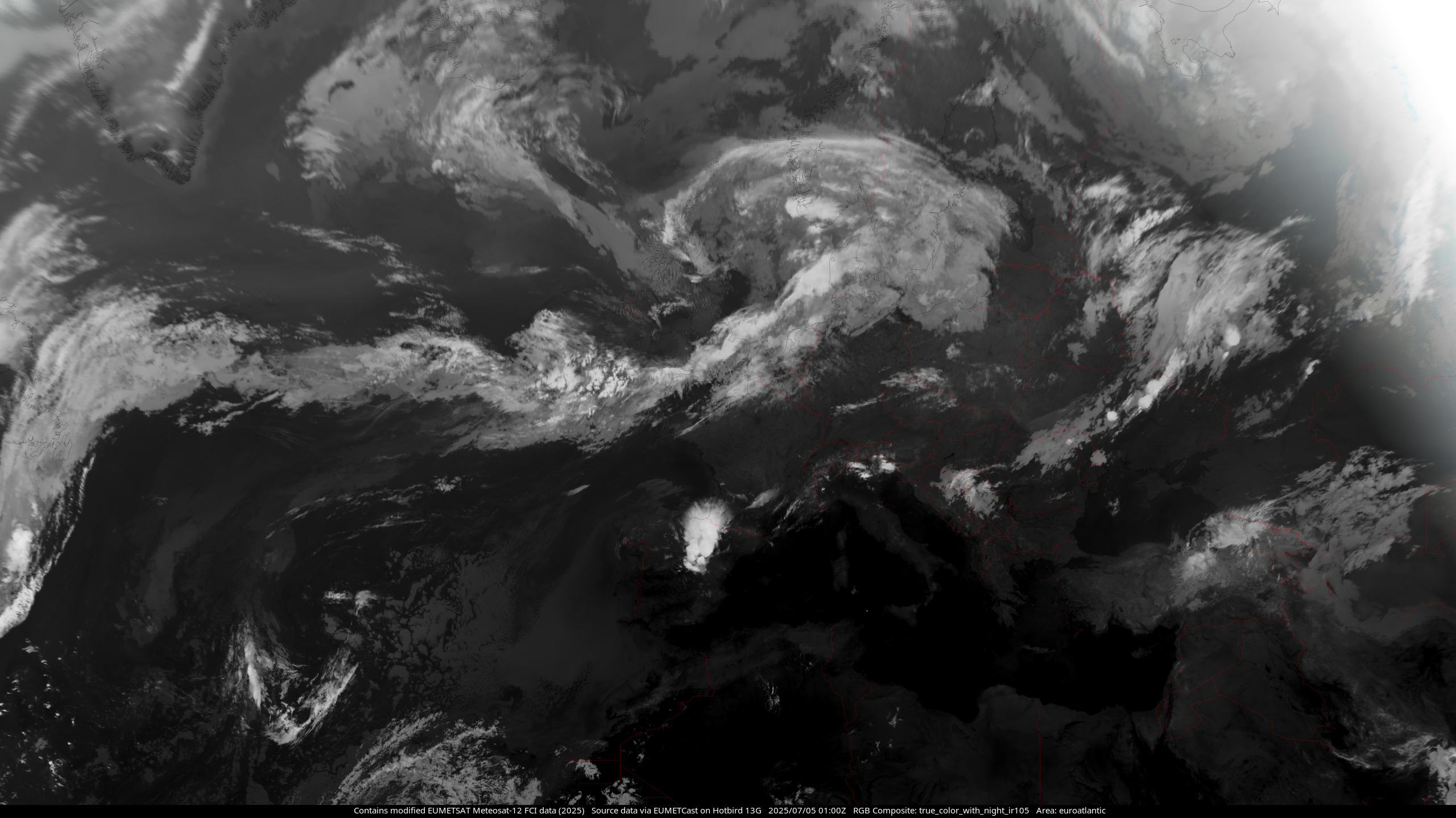 MTG-I1 true colour composite with night IR105 channel showing the North Atlantic Ocean and European Continent
