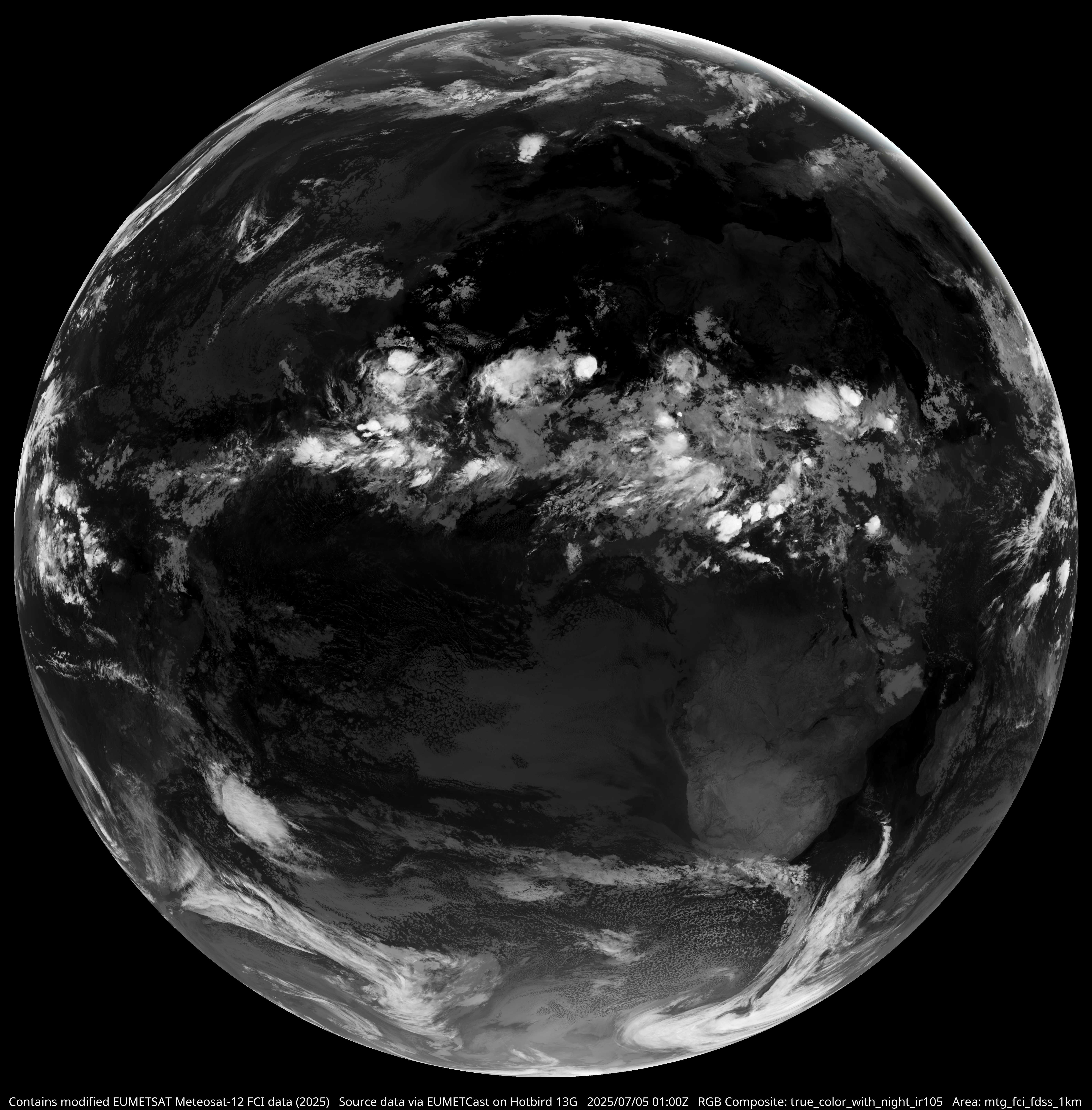 MTG-I1 true colour composite with IR105 night channel, full disc view