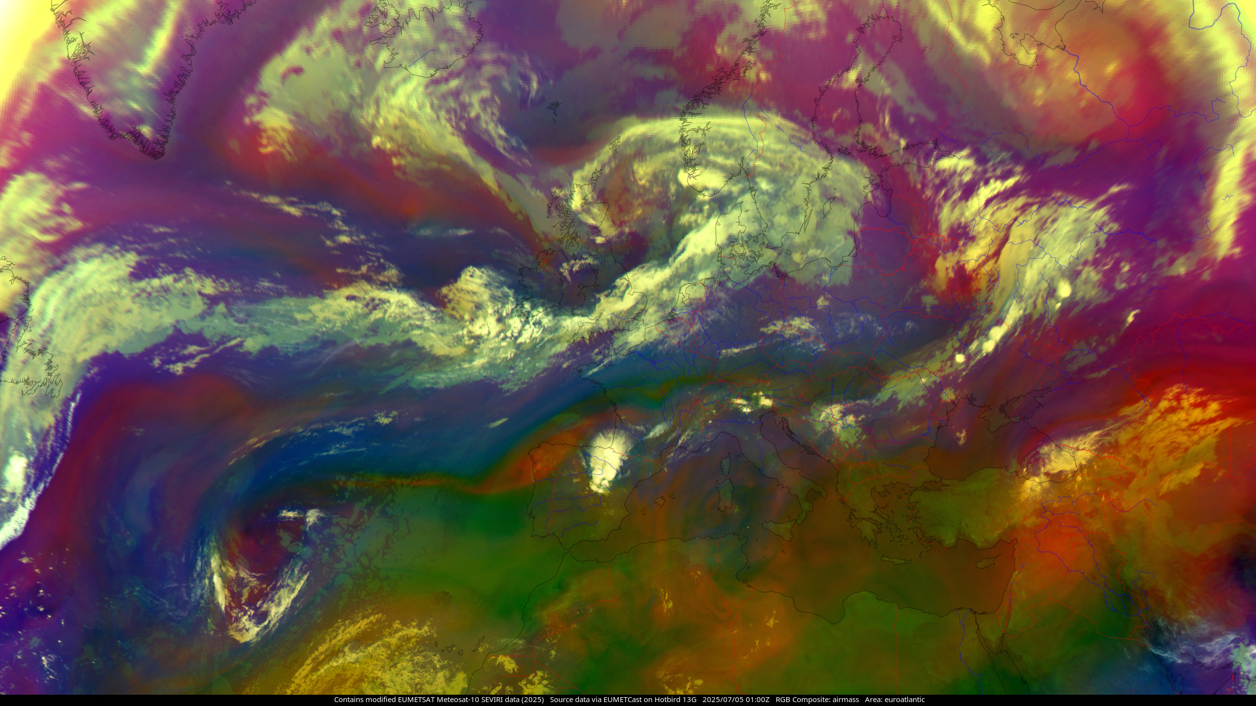 Meteosat-10 airmass composite, showing the North Atlantic Ocean and Europe