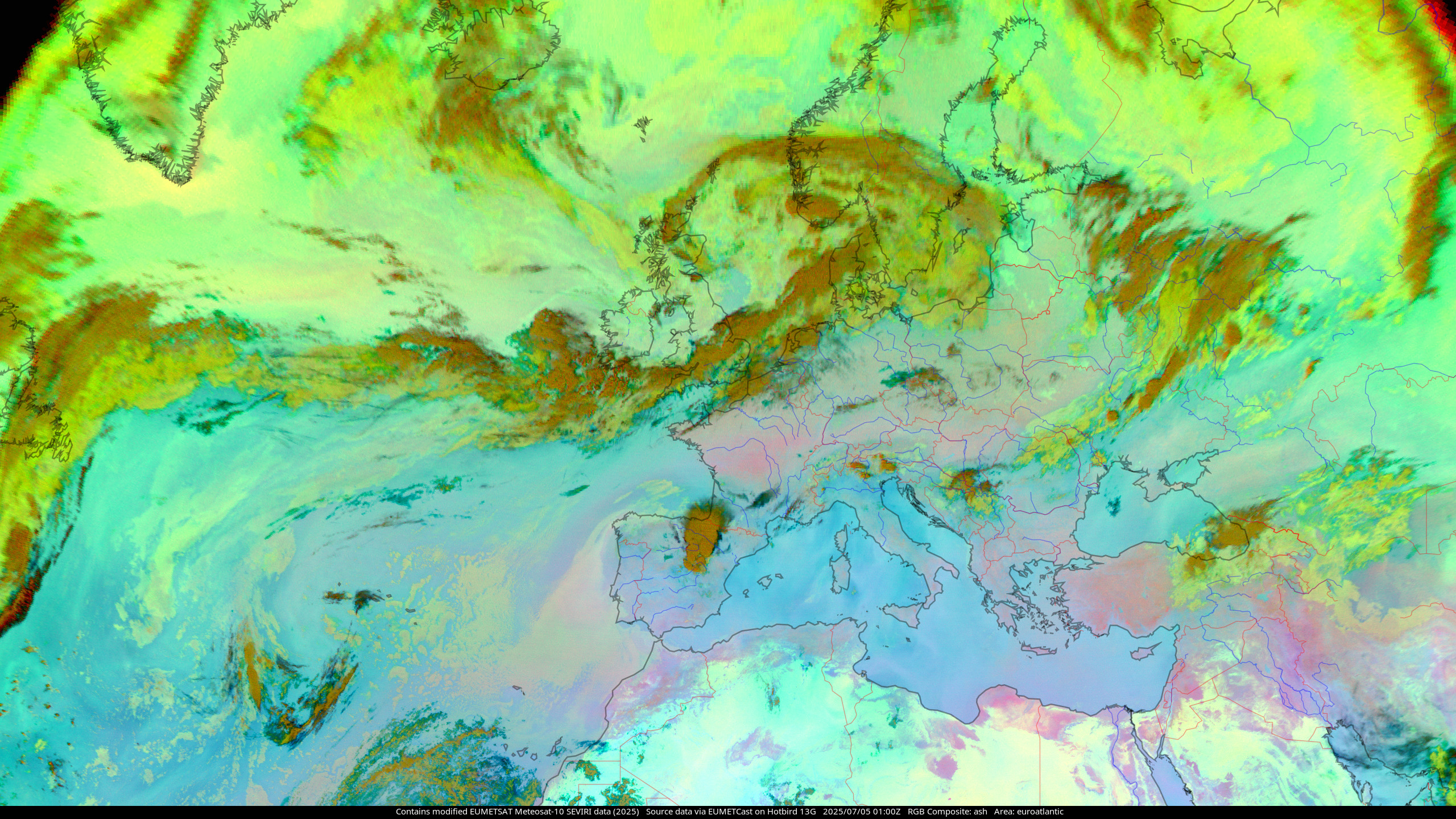 Meteosat-10 Ash composite, showing the North Atlantic Ocean and Europe