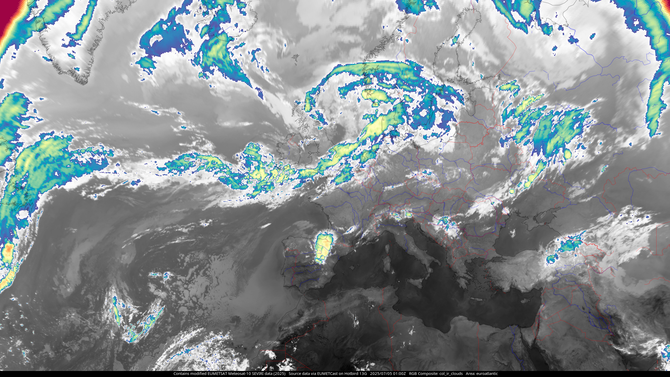 Meteosat-10 Colorized IR Clouds composite, showing the North Atlantic Ocean and Europe