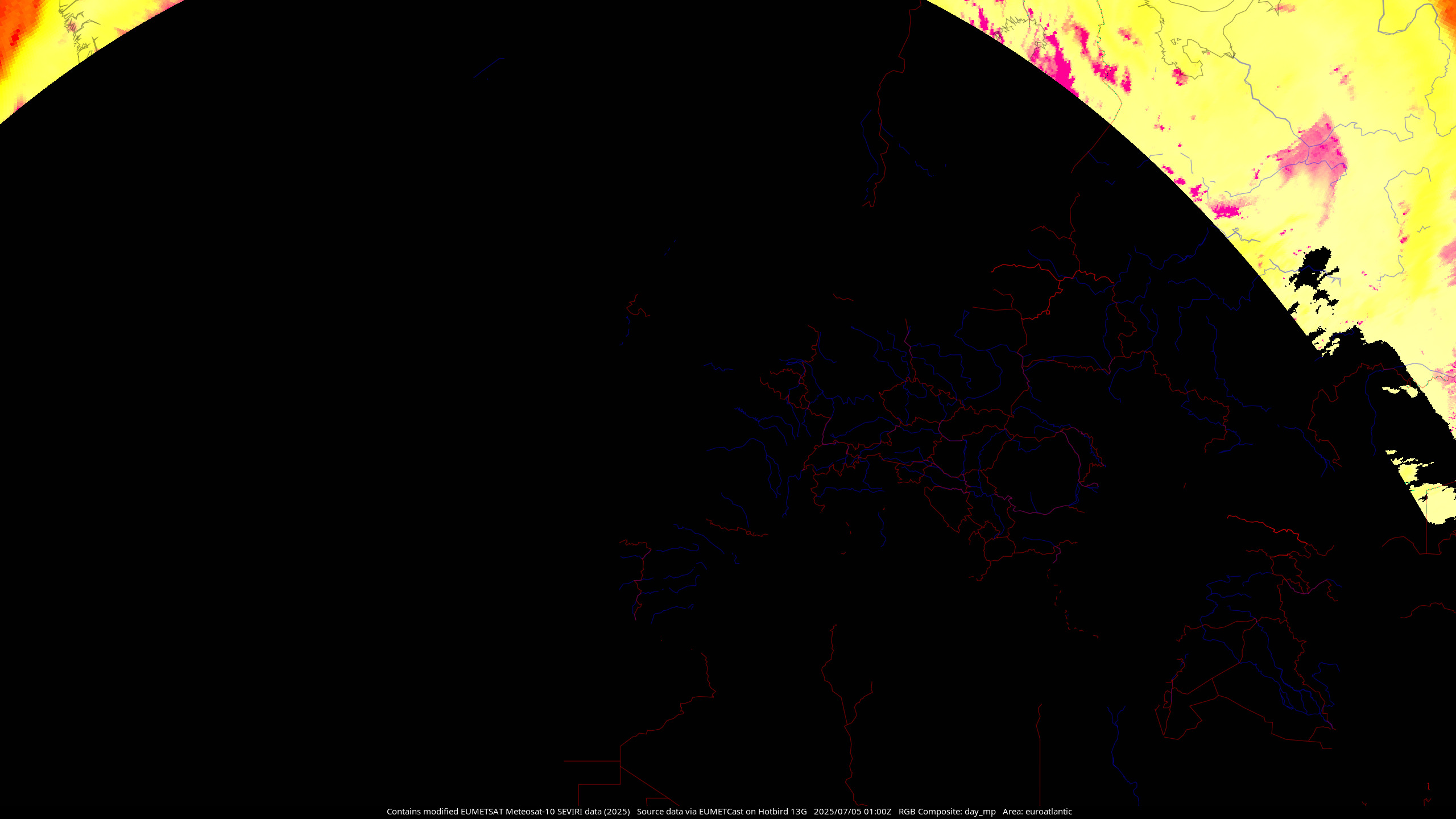 Meteosat-10 Day Microphysics composite, showing the North Atlantic Ocean and Europe