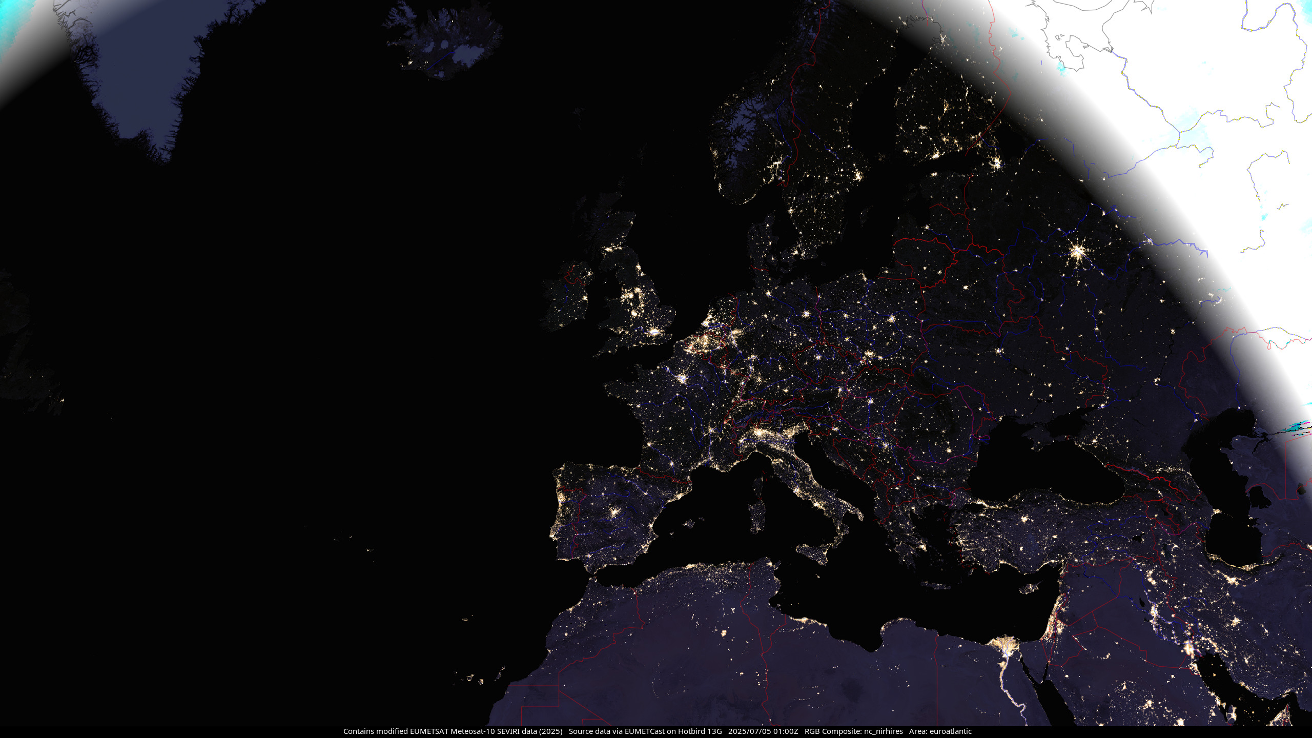 Meteosat-10 natural colour composite with night IR showing the North Atlantic Ocean and European continent